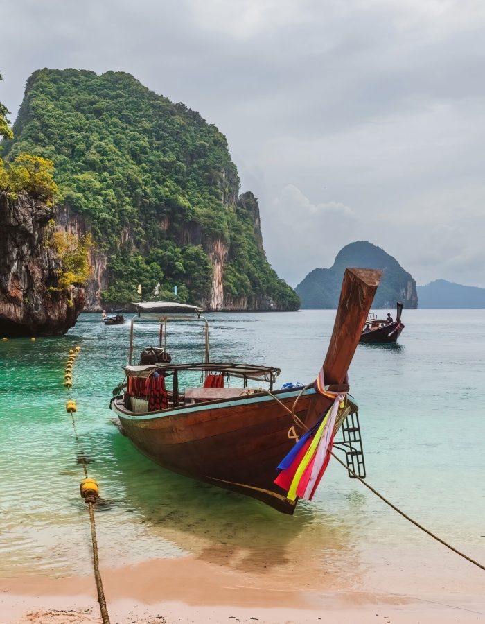 Trip,In,Thailand.,Long,Tail,Tourist,Boats,On,Sea,Shore